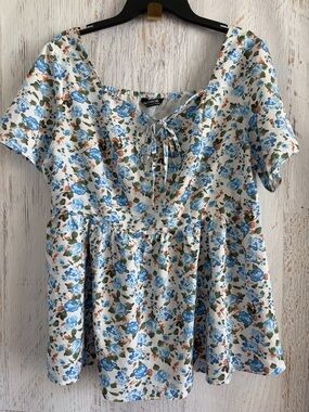 Blue Floral Tie-Front Women's Peplum Top